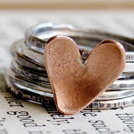 Rustic Romance - Sterling Silver and Hand Cut Copper Heart - Stacking Ring Set  - Made in Your Size