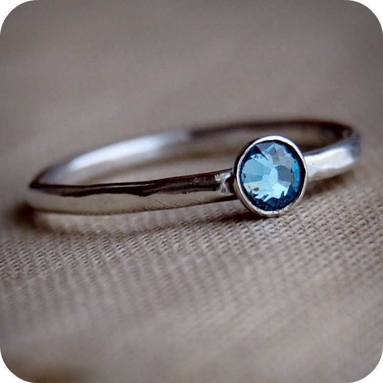 Sterling Silver Stacking Ring  - Blue Topaz Swarovski Crystal - Custom Size