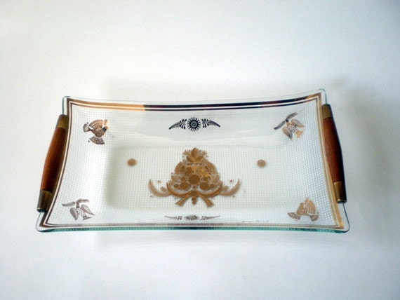 Vintage 50s 60s Georges Briard Mid Century Dish Tray Serving. Danish Mod Sonata Bird Design. Wood Handles.