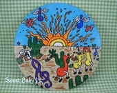 Music Notes Trek across a South Western Desert Hand Painted on Vintage Vinyl Record Great Nursery Art