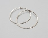 Vintage rhodium plated hammered hoop earrings,  handmade silver hoop earrings 1 1/4" FREE SHIPPING