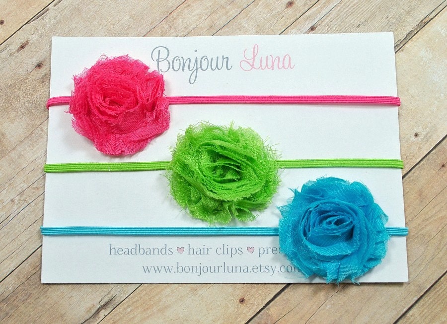 Mini Shabby Flower Headbands - Baby Headbands - Hot Pink - Lime Green - Baby Photo Prop - Skinny Elastic - Neon Colors - Set Of Three