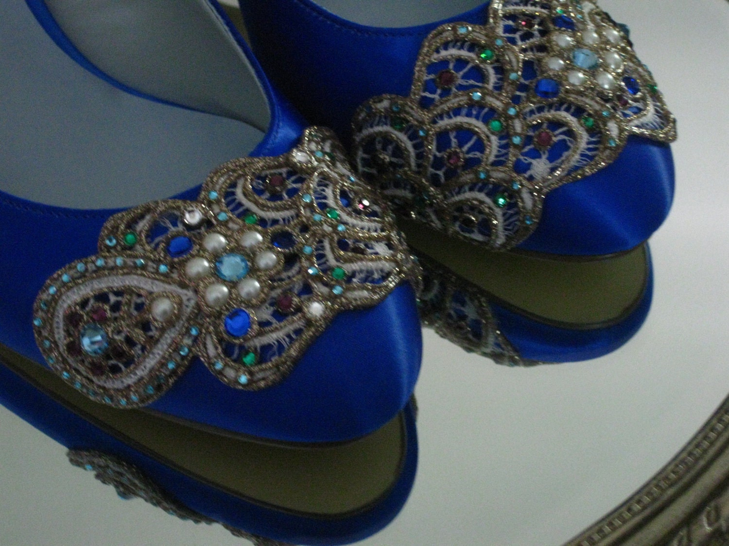 Peacock Feather Bridal Heels Wedding Shoes - Any Size - Pick your own shoe color and crystal color