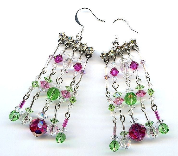 Peppermint Candy Sticks - Green Fuchsia Swarovski Crystals Silver Tone Repurposed Long Dangle Earrings