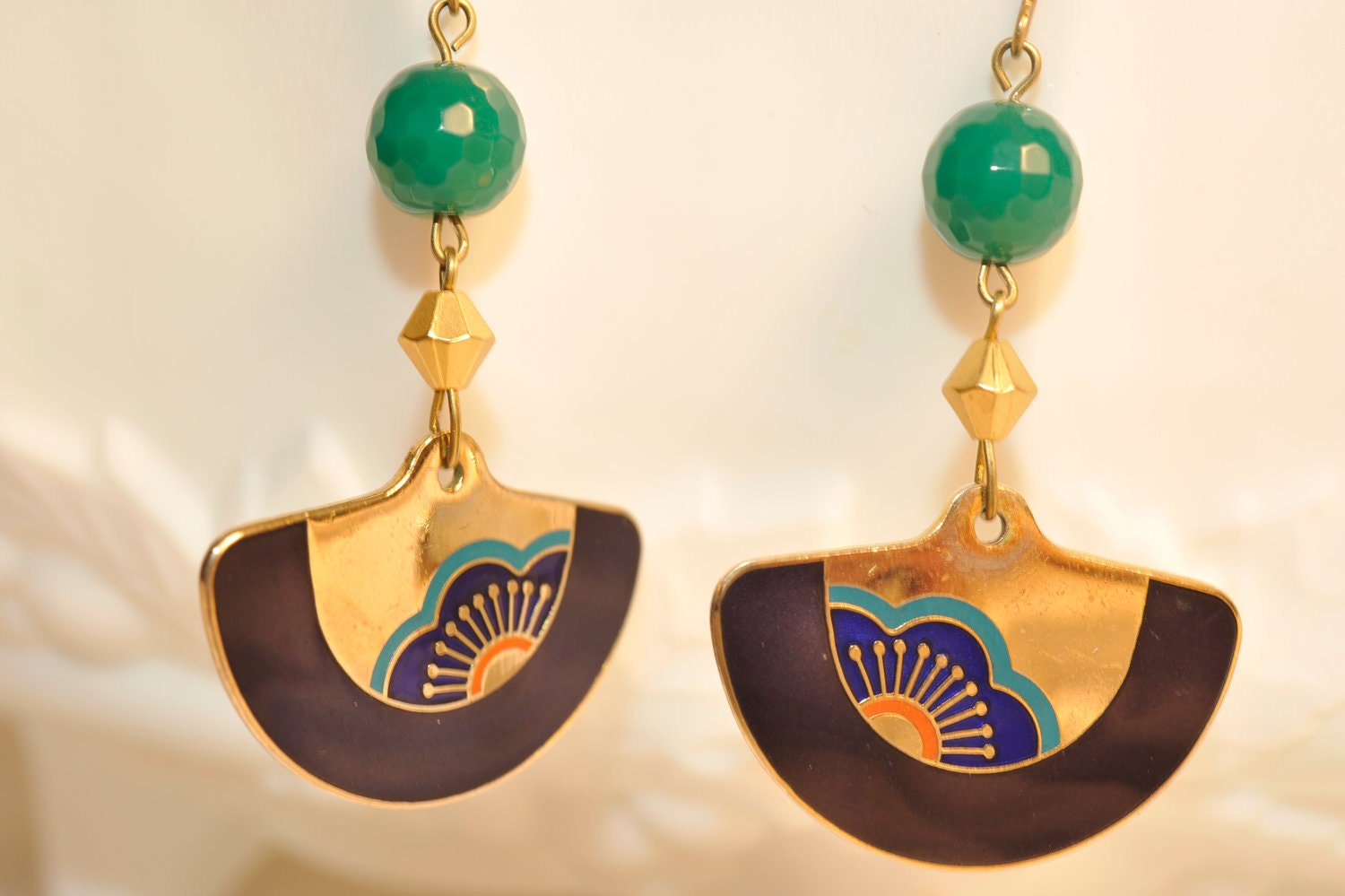 Handmade Vintage Blue and Gold Half Circle Earrings