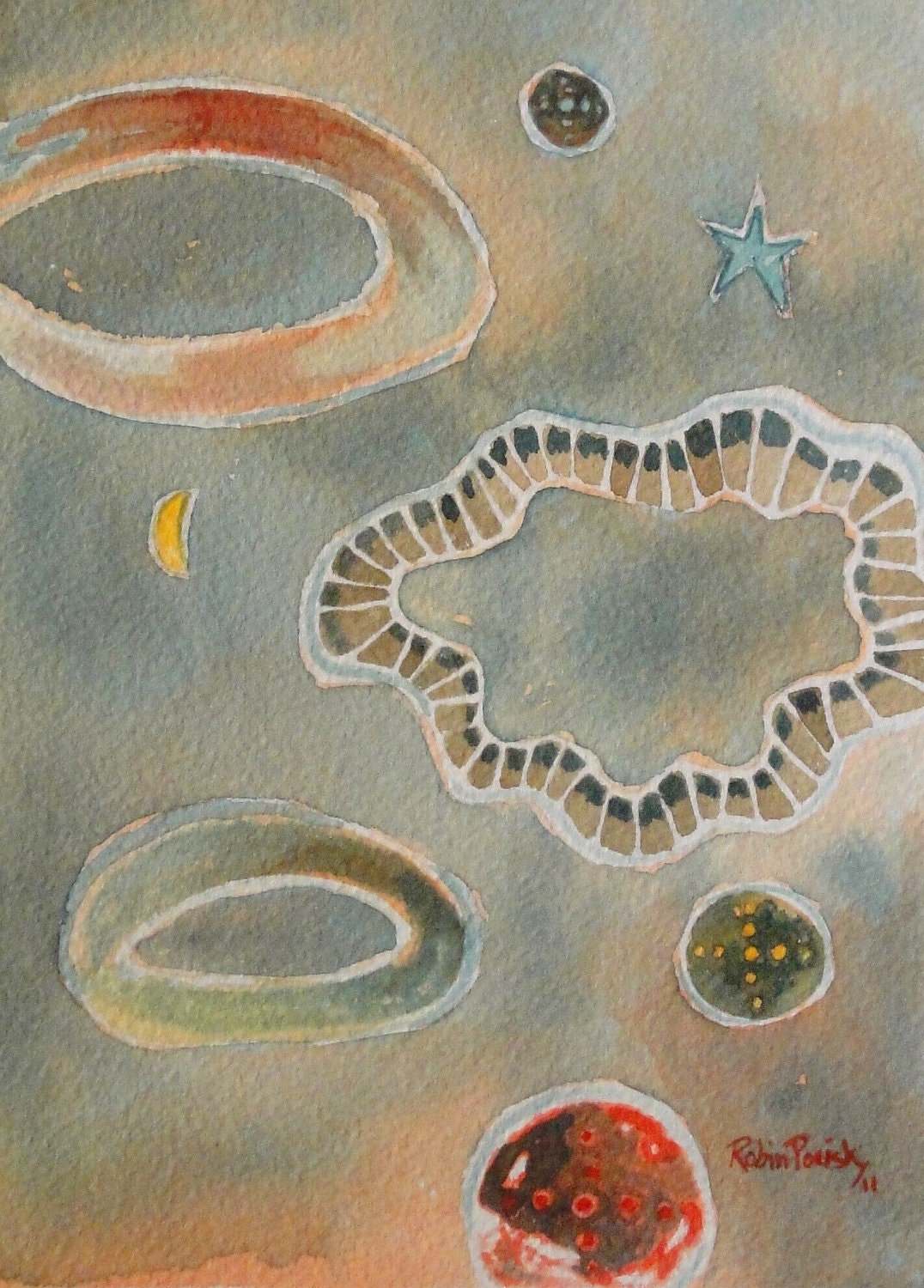 Original Watercolor Abstract Surreal Space Celestial Painting 5 x 7 inches by Robin Pocisk