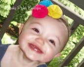 Shocking Pink, Blue and Yellow  Rose Wool Felt Flower Headband - Carnival - Infant, Toddler, Girl, Photo Prop
