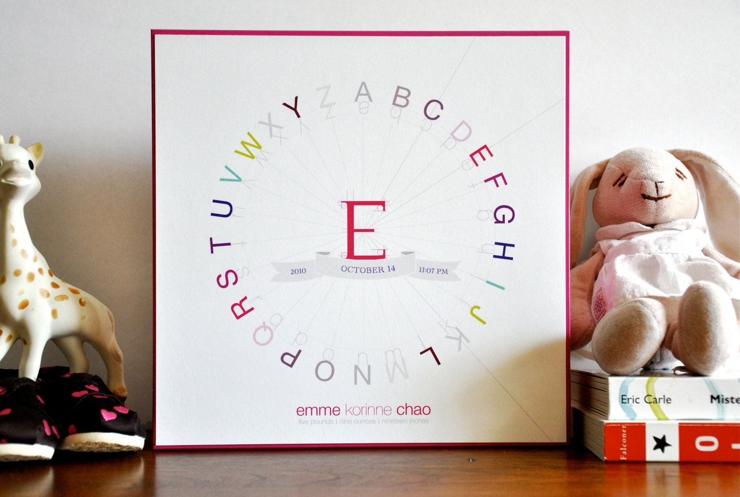Alphabet Typography Color Wheel Birth Print 10x10 wood mounted modern nursery graphic . mod magenta children decor