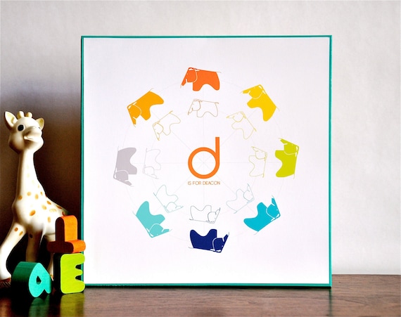 Eames Elephant Monogram Name Print 10x10 wood mounted mid century modern nursery wall art . orange teal children decor