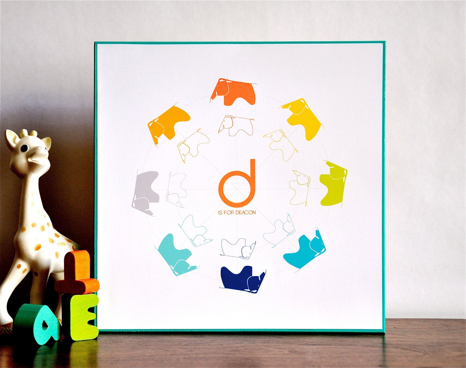 Eames Elephant Monogram Name Print 10x10 wood mounted mid century modern nursery wall art . orange teal children decor