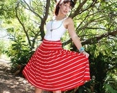 CANDY STRIPE SKIRT Red and white striped rockabilly 1980s full pleated stretch skirt pinup - GunstoreDaddy