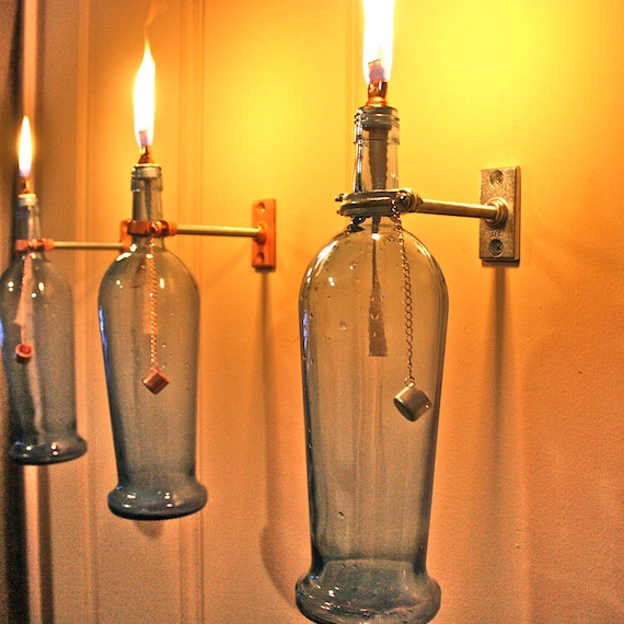 HARDWARE ONLY -2 Wine Bottle Oil Lamps - copper wall sconce - Use Your Own Bottles - Hostess Gifts