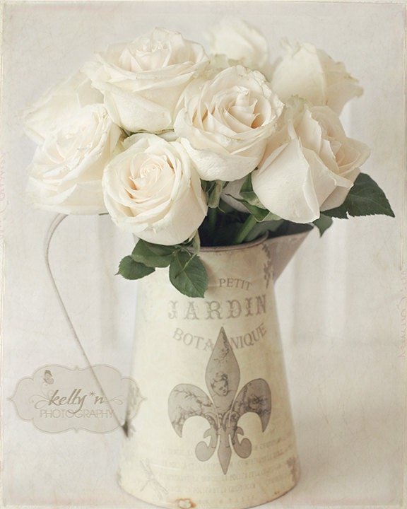 Blanc du Jardin- White Roses in Pitcher- French Cottage Chic- Beige- Neutrals- Flowers- Still Life Photography- 8x10 Fine Art Print - kellynphotography