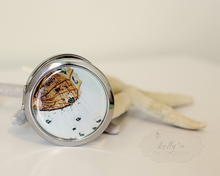 Photo Mirror Compact- "Swing Out Sister", Fair SwingsPhotograph, 3" Double Sided Mirror- Engravable Gift Item