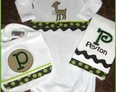 Boutique Infant Gown Set W/ Bib and Burp Cloth - BABY SHOWER GIFT - Vintage Baby Deer Set