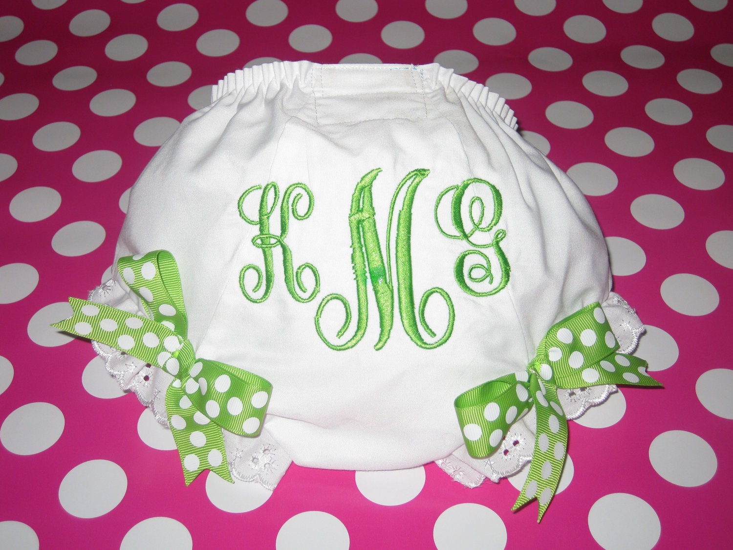 Boutique Baby Bloomers with Mongrammed Initials & Polka Dot Bows