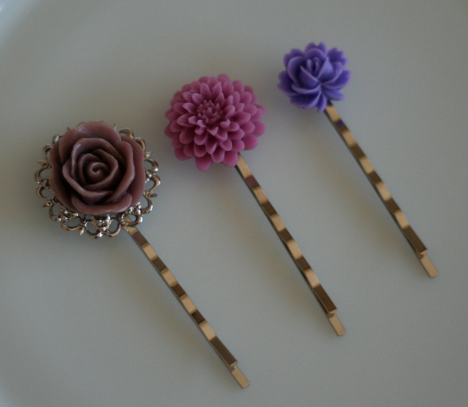 Violet Bouquet Bobby Set -- Antique Gold Tone
