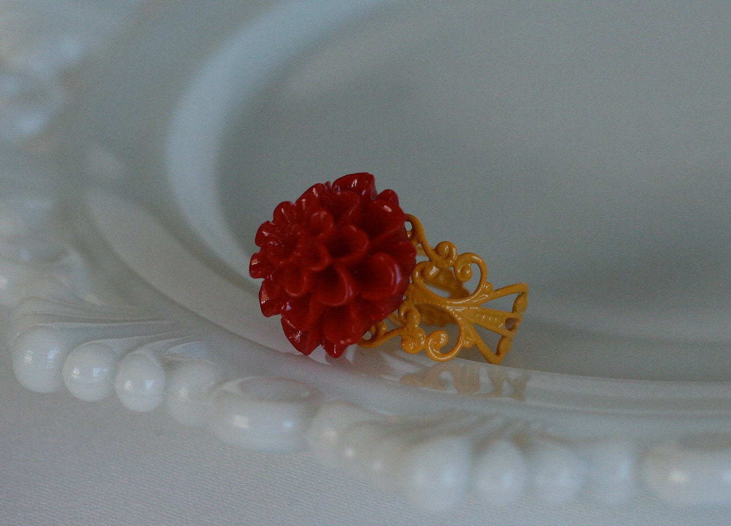 Cranberry Mum Filigree Ring -- Saffron