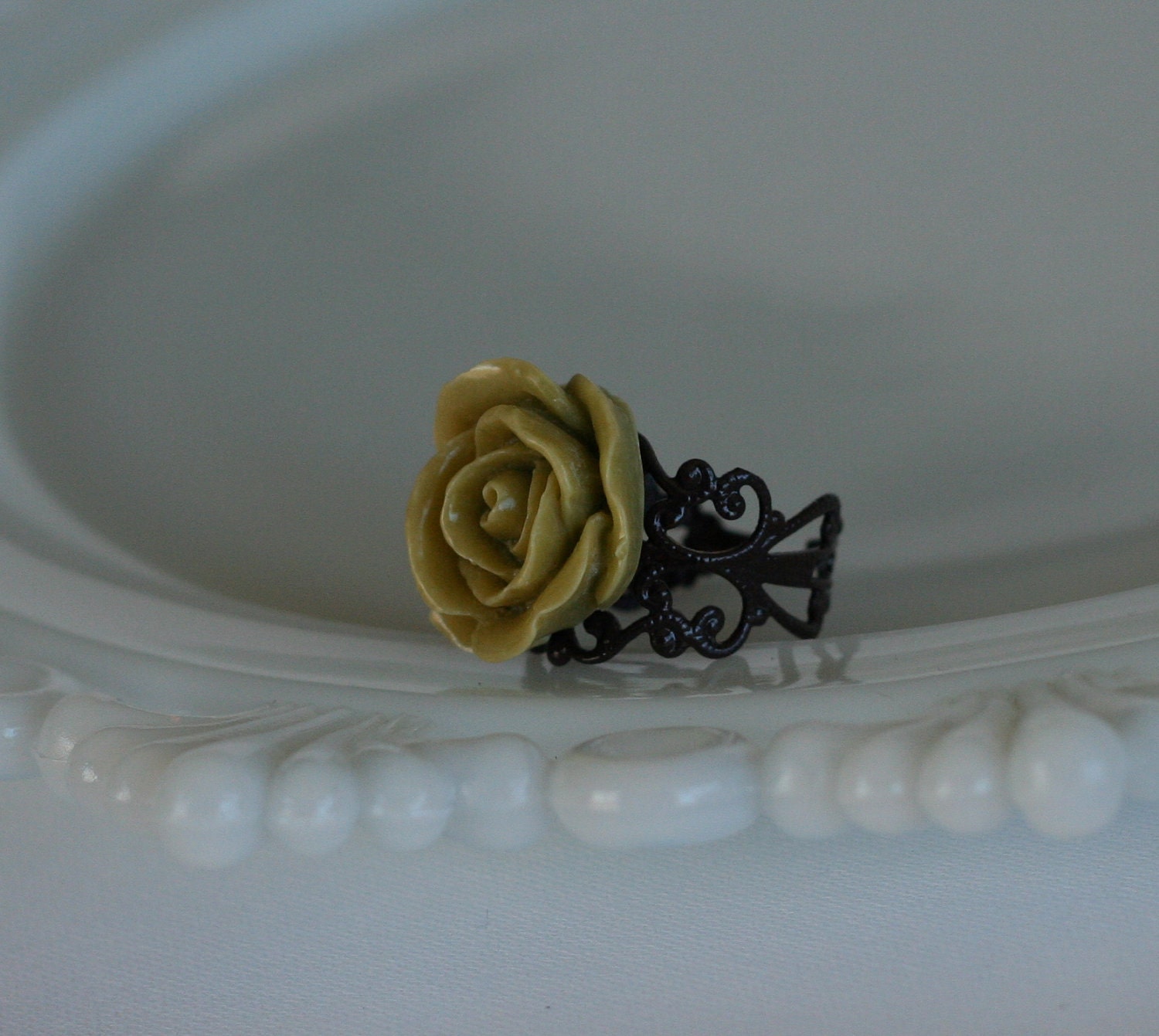 Soft Green Open Rose Filigree Ring -- Chocolate