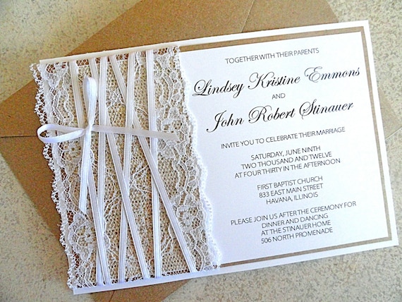 Burlap and Lace Wedding Invitation and rsvp card with Envelope Kraft and White Wedding Invite (FREE SHIPPING within the US)