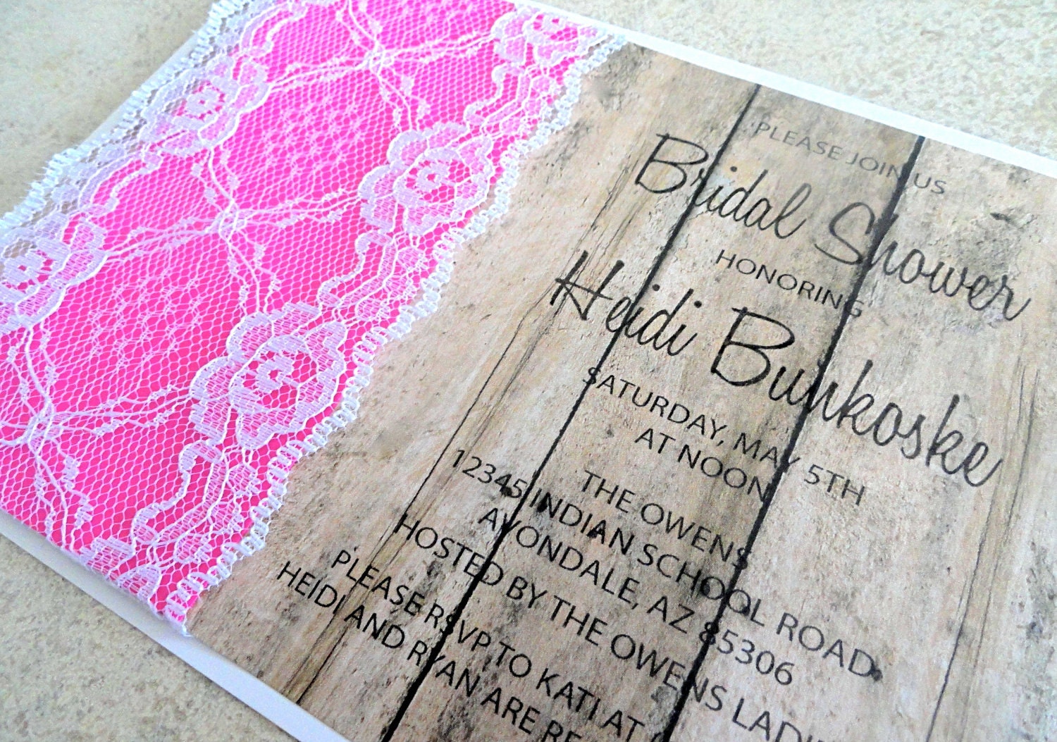 Rustic Lace Bridal Shower Invitation Magenta and Wood (FREE SHIPPING within the US)