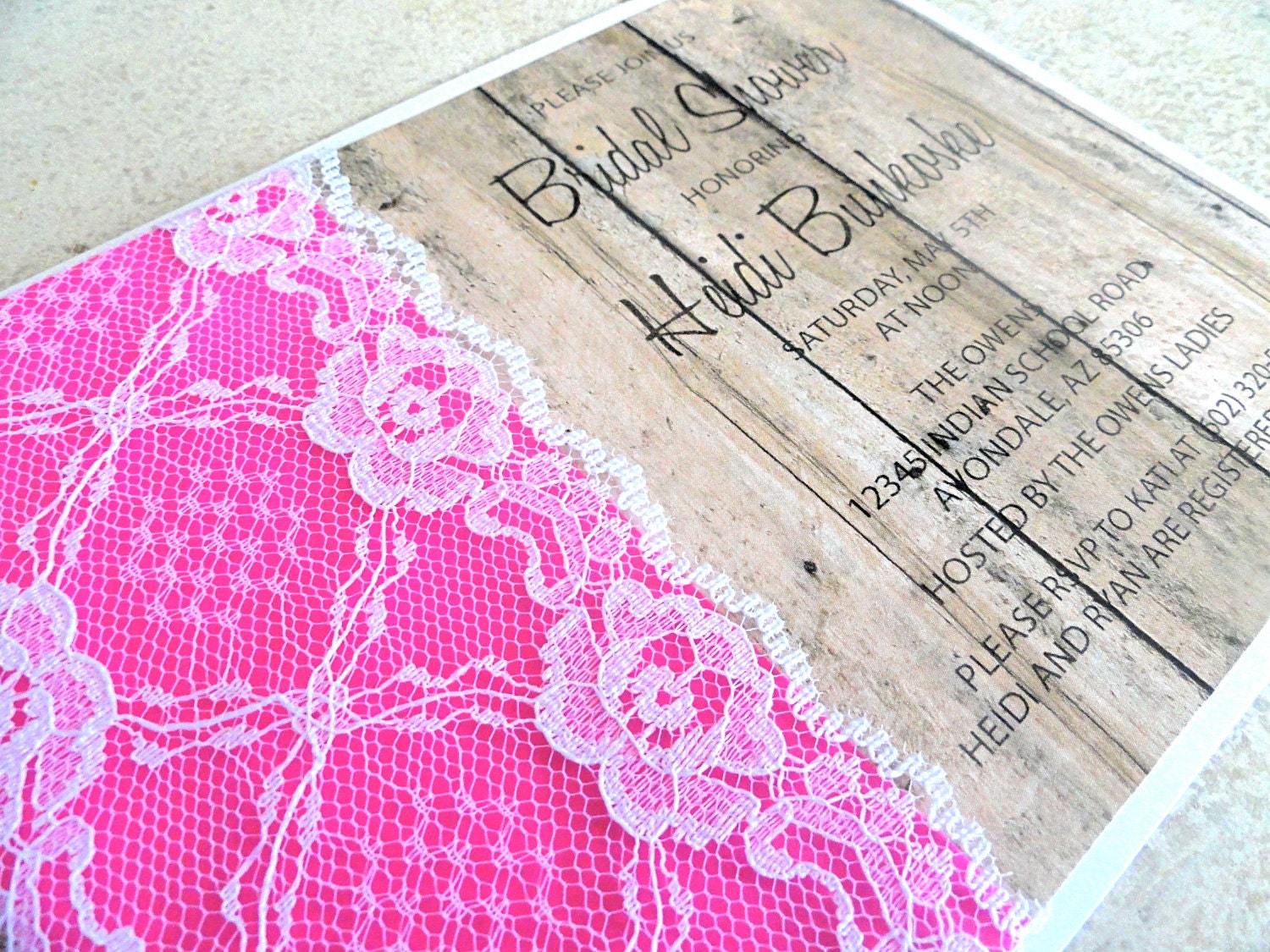 Rustic Lace Bridal Shower Invitation Magenta and Wood (FREE SHIPPING within the US)
