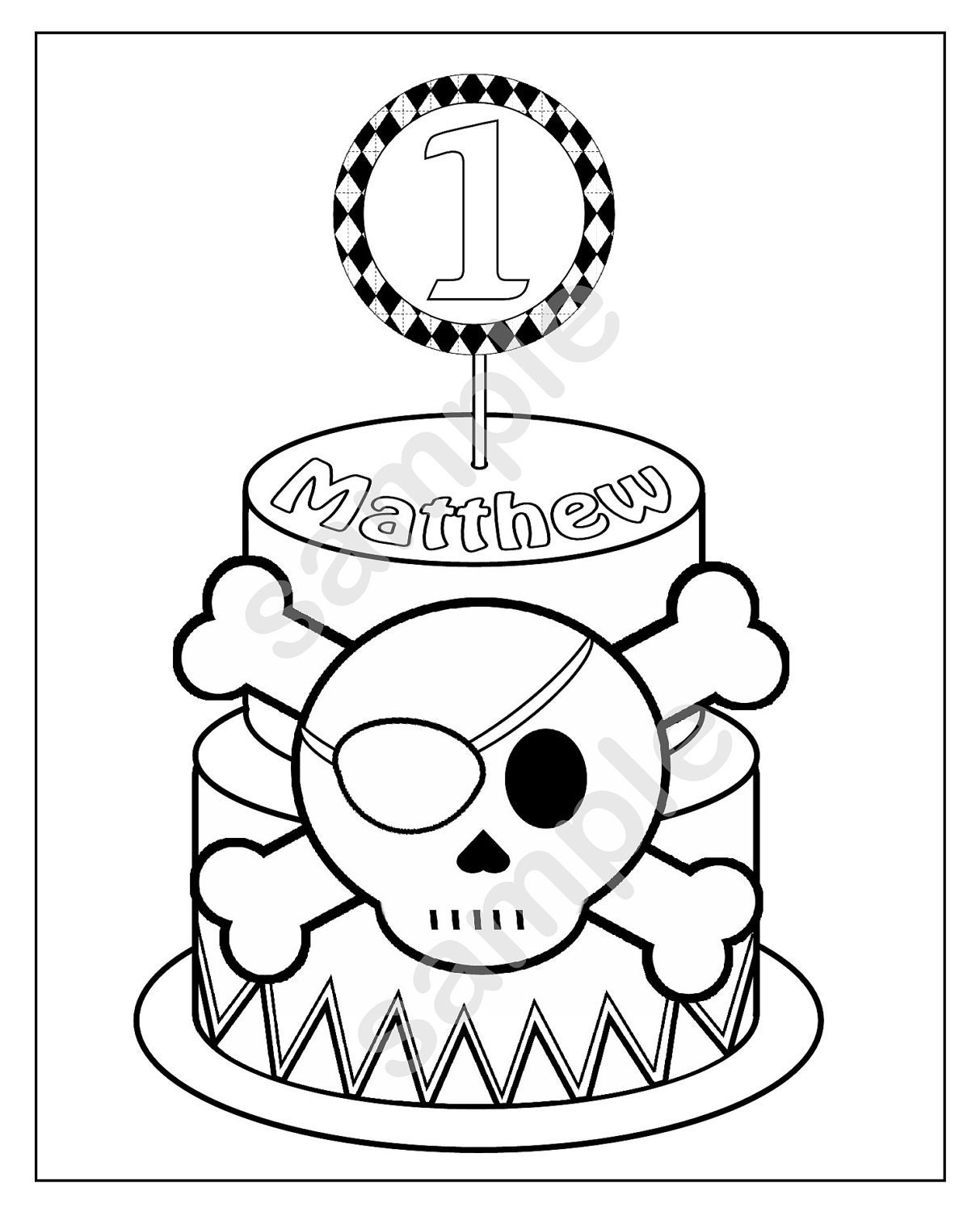 Personalized Printable Pirate Skull Crossbones Cake Birthday Party Favor childrens kids coloring page book activity PDF or JPEG file