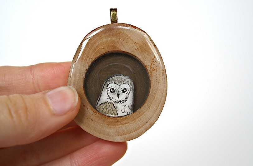 Brown and Grey Owl Necklace- Hand painted unique reclaimed wood necklace