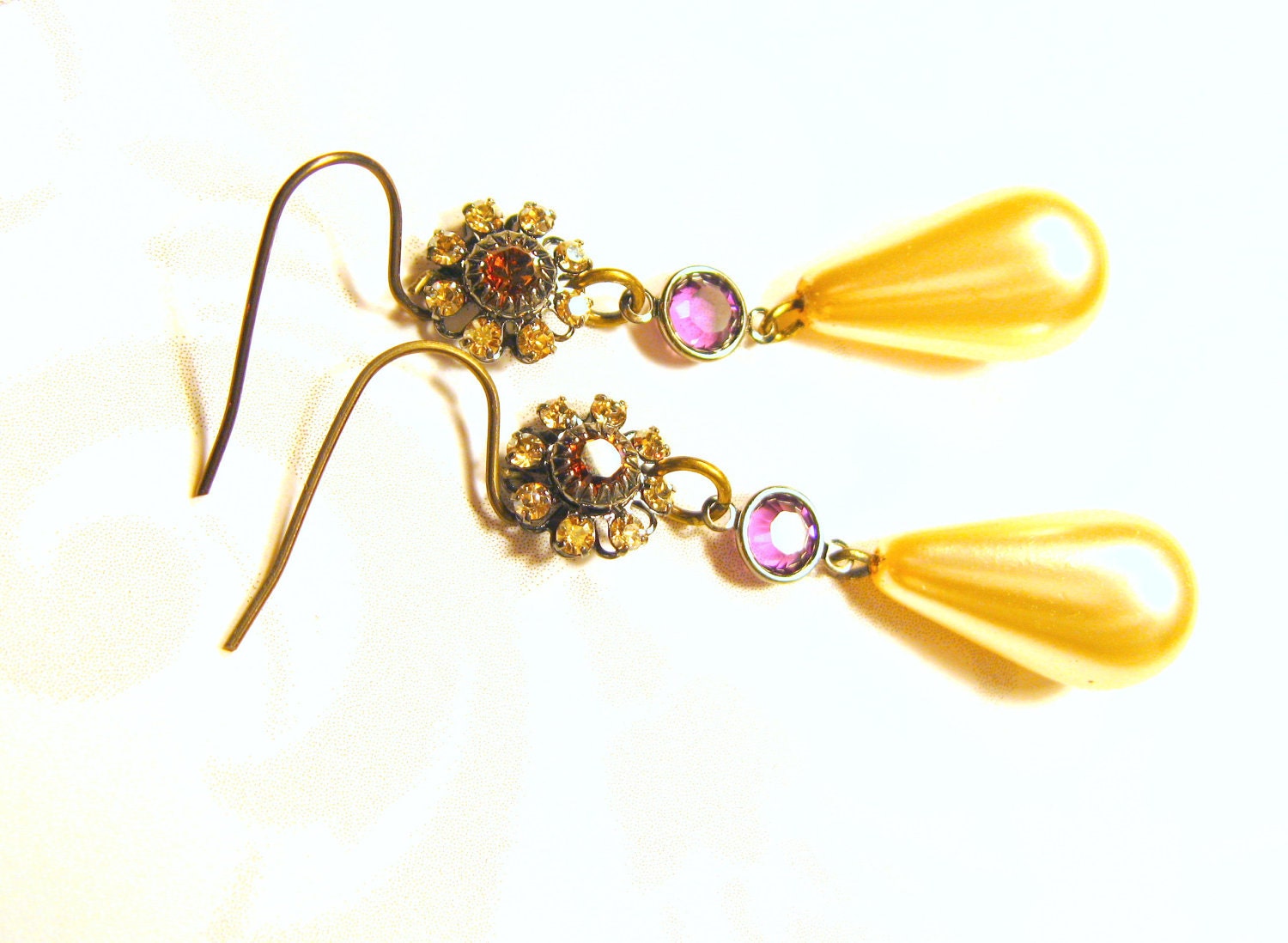 Vintage Pearl Dangle Earrings Handmade Jewelry Crystal Flower earrings Pink Amethyst crystal Pearl Dangle Handmade earrings