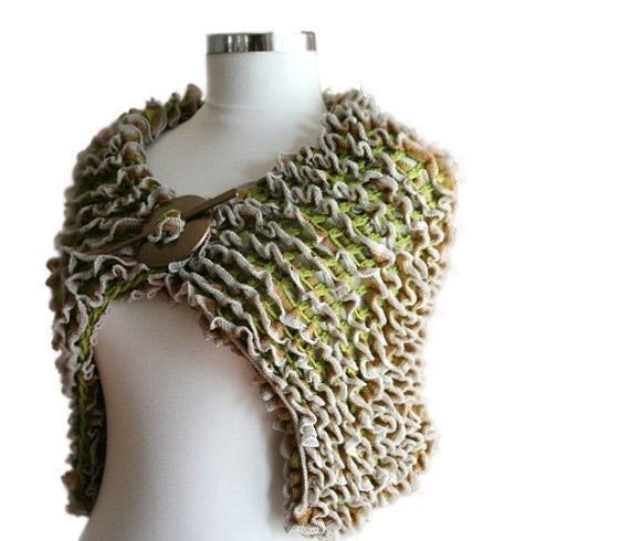 Ruffled Capelet Scarf in Green, Brown, Grey with Shawl Pin - Spring Fashion - Women Teens Accessories - Wrap - Cowl - Mother's Day Gift