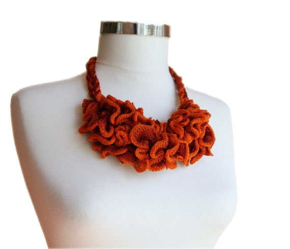Orange Jewelry - Knitted  Necklace in Shades of Cinnamon and Orange - Tangerine Ruffle Fashion - Spring Summer - Women Teens Accessories