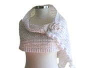 Sequined Scarf in Winter White with Butterflies and Flower Brooch - Bridal Wrap - Romantic Wedding - Lace Fashion - Women Accessories