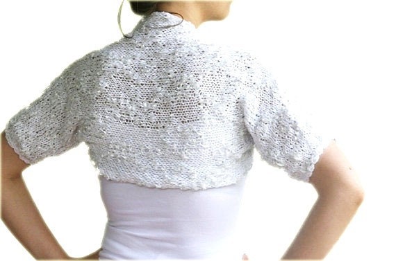 Bride Bolero in White and Metallic Grey - Knit Cotton Shrug - Chic Elegant Womens Sweater - Spring Summer Fashion - Wedding Accessories