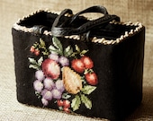 Vintage Wool Needlepoint and Black Leather Fruit Handbag / Purse / Fabulous Tote