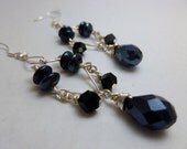 Swarovski Crystal Chandelier Earrings, black swarovski crystal, black shell beads, silver chandelier, wire wrapped