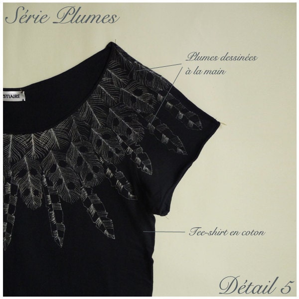 Grey tee shirt "feathers" hand drawn
