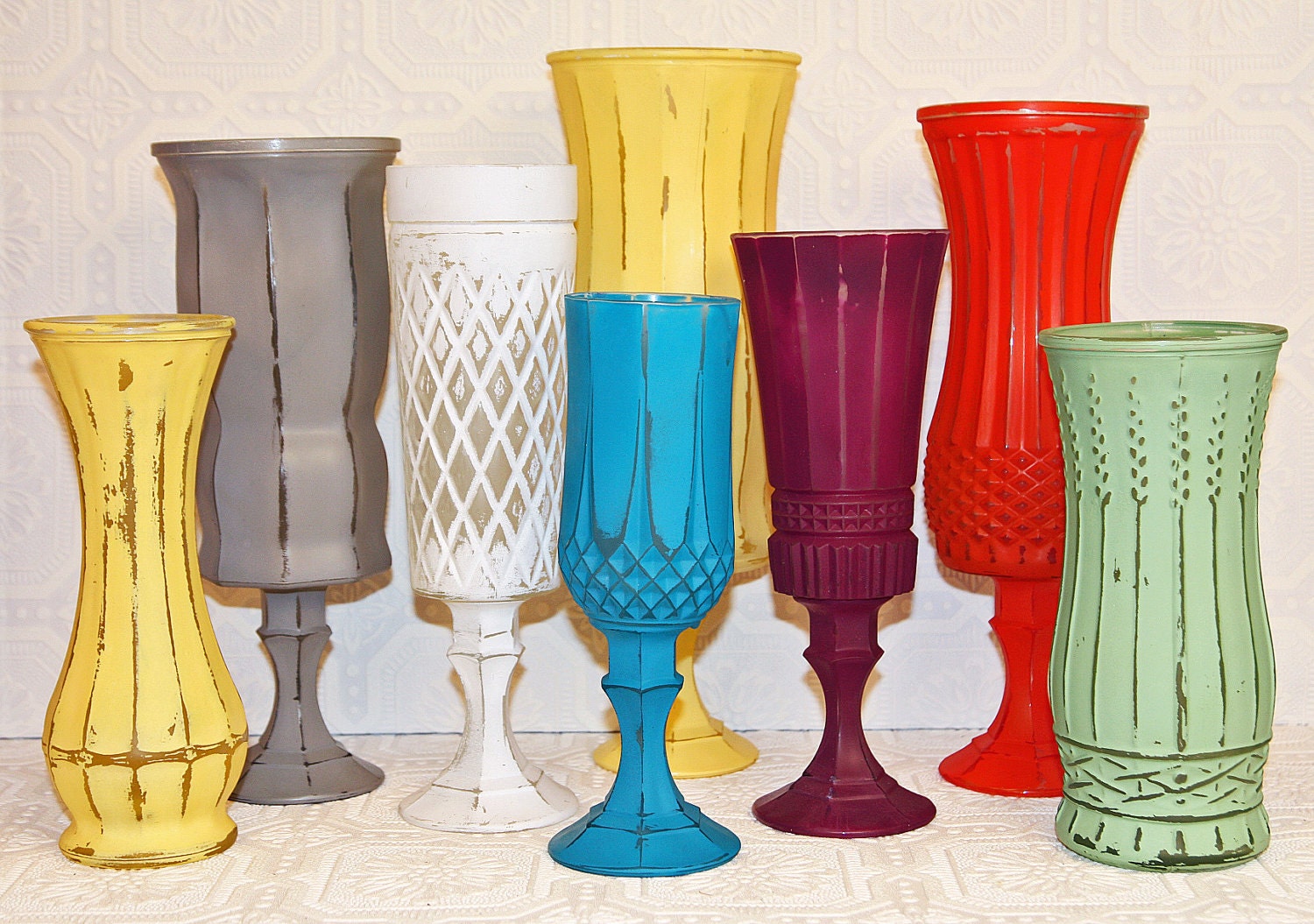 Set Of Shabby Chic Vintage Hand Painted Pedestal Vases