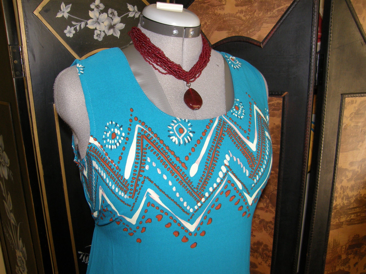 Vintage Summer Dress Teal Maxi Dress Keep your Options Open Gorgeous, Lightweight and Slinky Stock OptionsTribal Mod Retro Design Dress