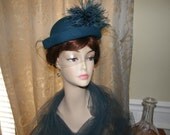 FREE Hat Box Vintage Ladies Hat Gorgeous Downton Abbey Teal Blue Merrimac with Veil and Feather Pouf