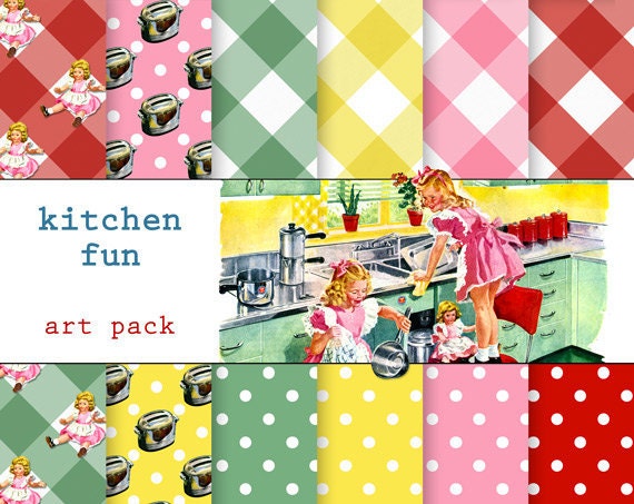 Kitchen Fun vintage 1950s retro Americana digital art pack papers with bonus tags