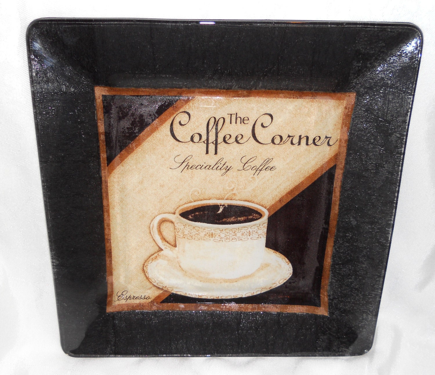 Coffee Decor, Coffee Cup Decorative Decoupage Plate Java Collection - THE COFFEE CORNER Square 10"  Plate, Black Brown Cream