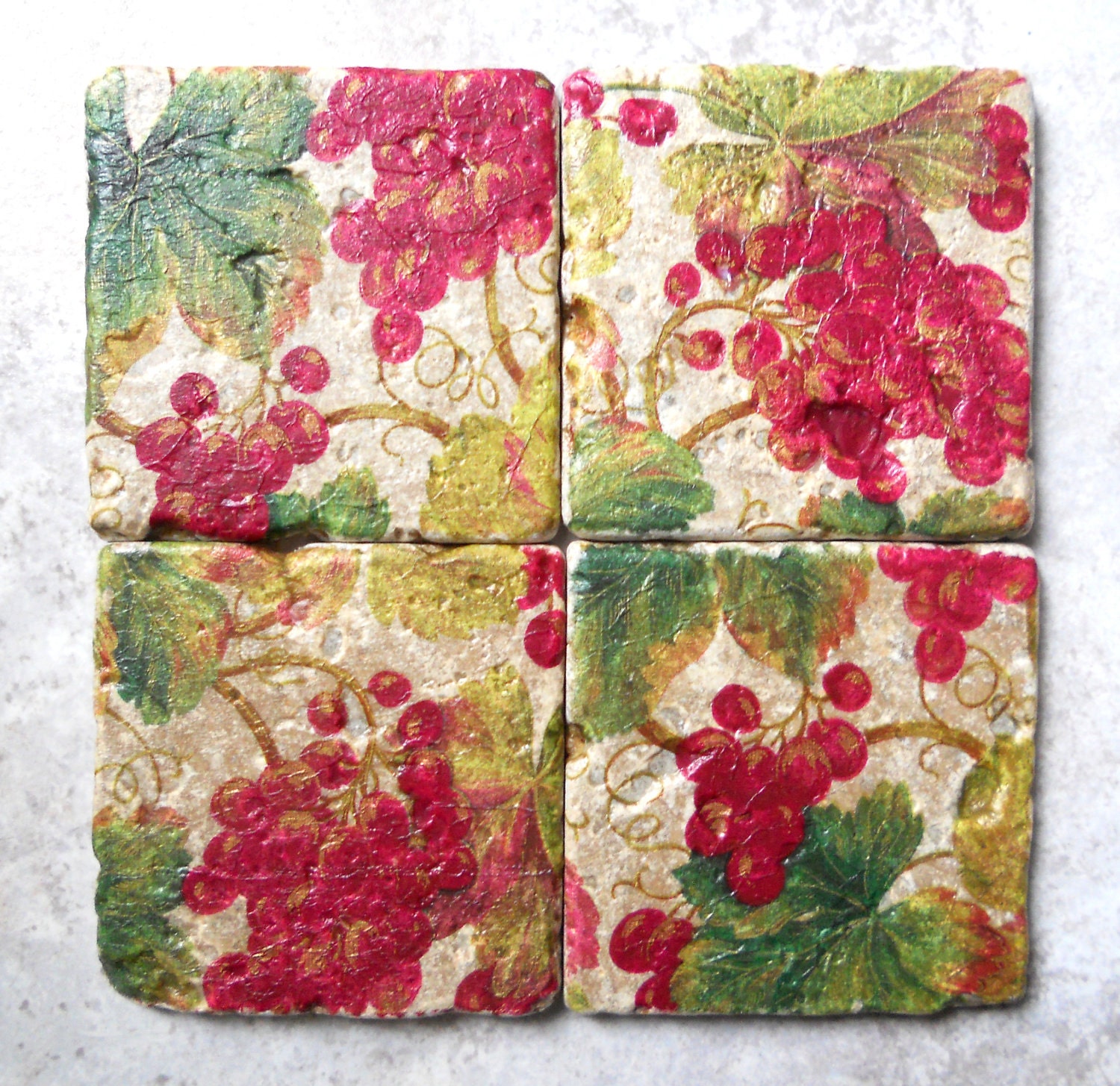 Coasters, RED Grape GRAPEVINE - Set of 4 Coasters Tumbled Italian Stone Coasters, Home Decor Kitchen Decor, Wine Coasters, Wine Party