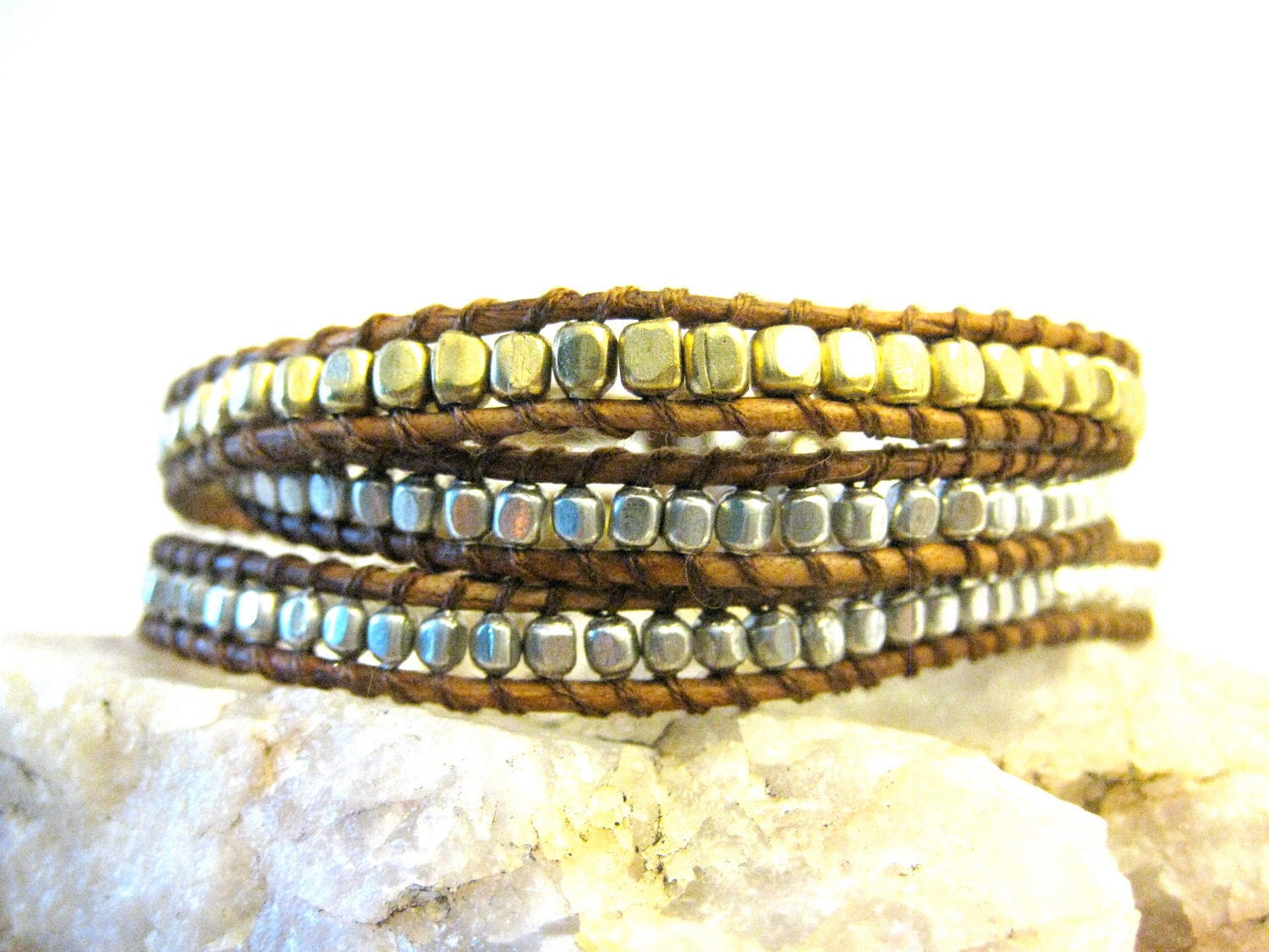 Silver and Gold nugget leather wrap bracelet (3 wrap), tan leather gold and silver nugget beads