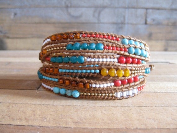 Leather wrap bracelet (6 wrap) - Turquoise, white, red coral, oranges, teal, matte gold, funky super long leather wrap bracelet, tan leather