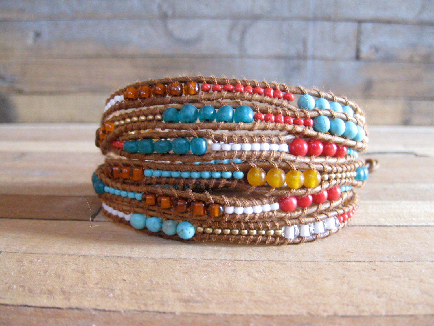 Leather wrap bracelet (6 wrap) - Turquoise, white, red coral, oranges, teal, matte gold, funky super long leather wrap bracelet, tan leather