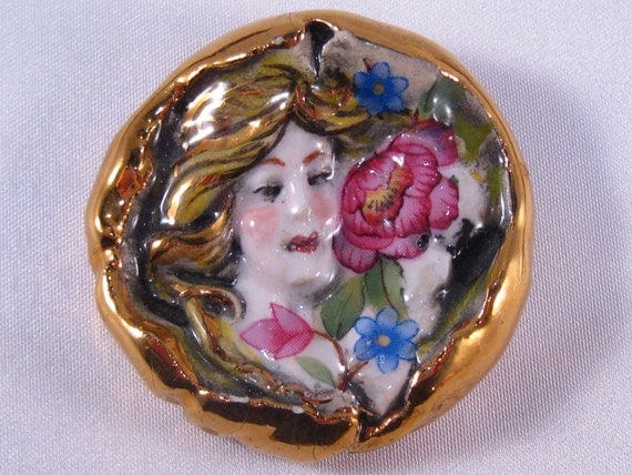 Vintage "Pamela" Woman's Face Brooch Clay & 24K Gold Trim