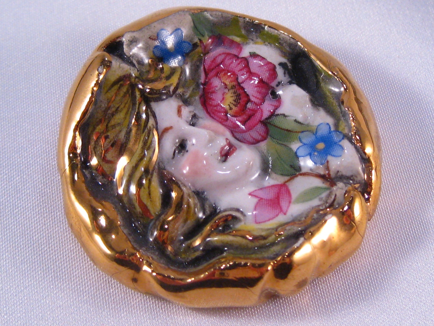Vintage "Pamela" Woman's Face Brooch Clay & 24K Gold Trim