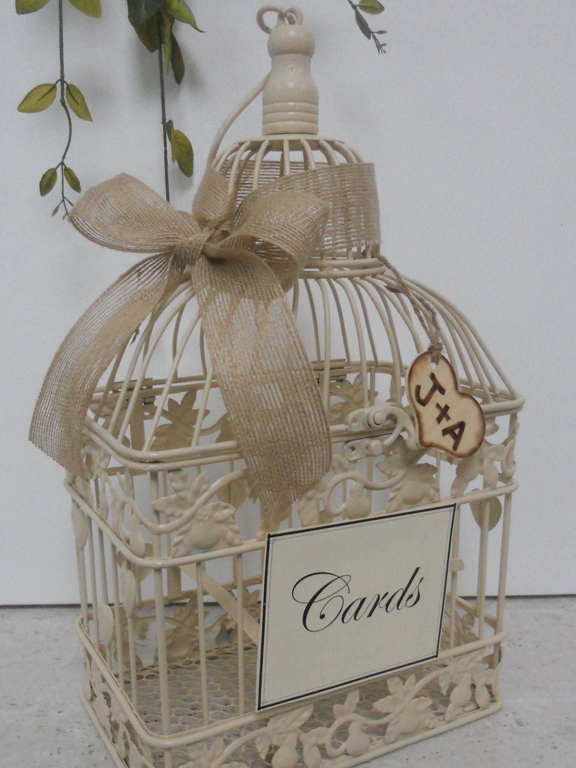 Wedding Birdcage Card Holder / Burlap ribbon / Burned Initialed Heart Charm