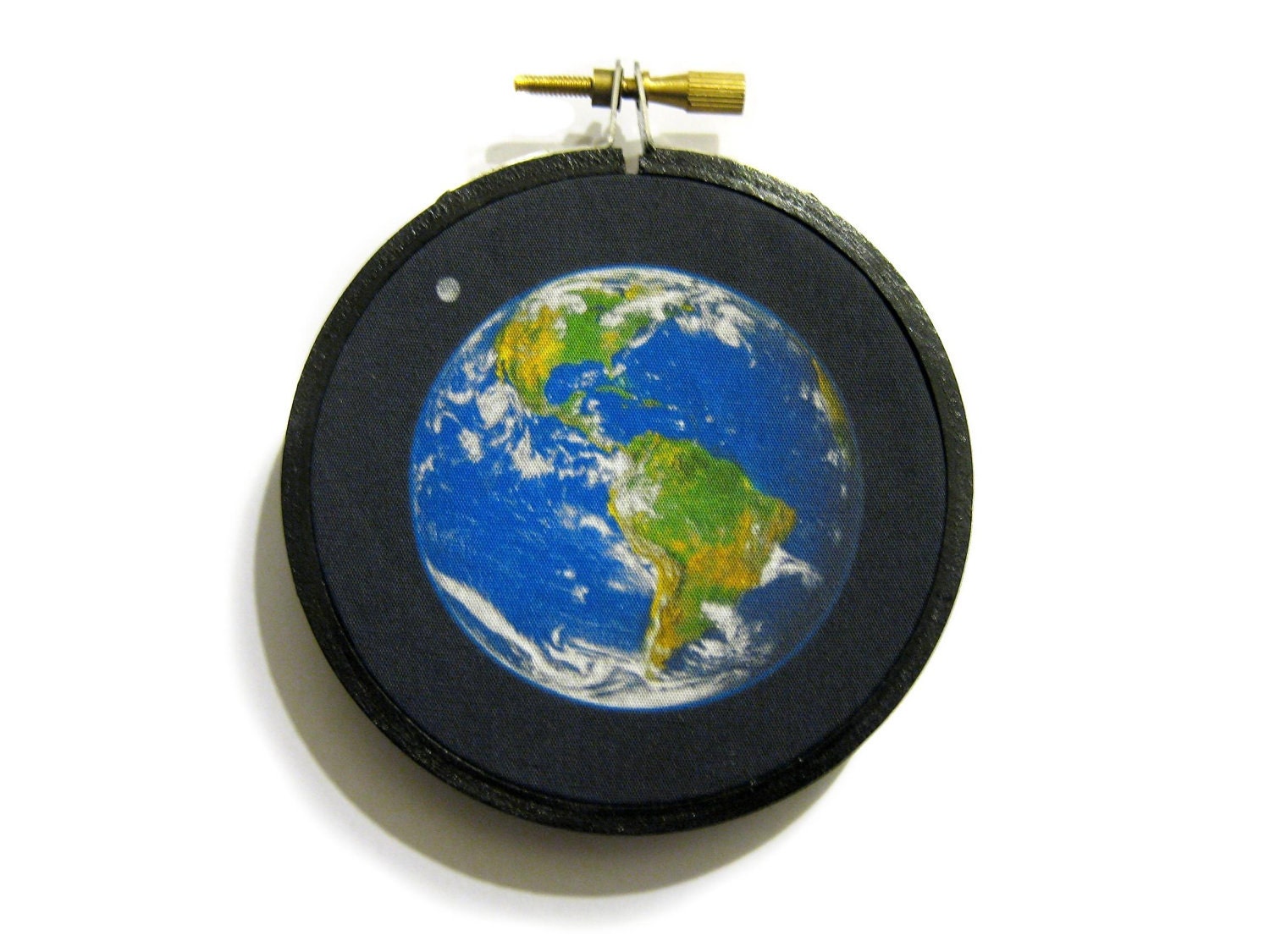 Earth and Moon in embroidery hoop