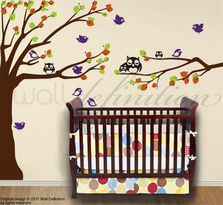 Nursery Wall Decals  - Children's  Wall Tree with Owls Birds Leaves and Flower Buds